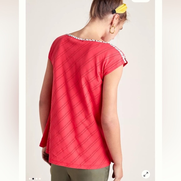 Anthropologie Aldomartins Taylor Tee M Red Floral Trim Open Knit Stretch Boho - Picture 8 of 8